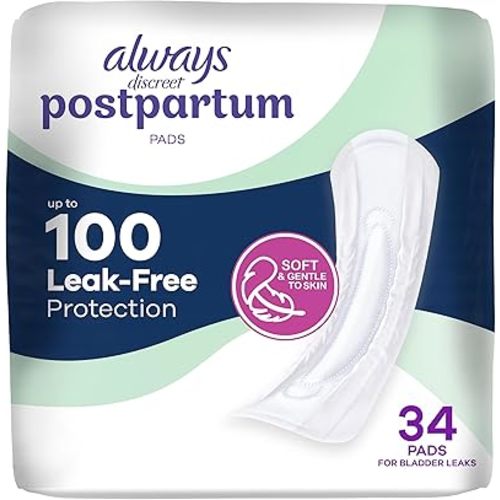 Always Discreet Postpartum and Adult Incontinence Pads for Women, Maximum Absorbency, Postpartum Pads, Up to 100% Bladder Leak Protection, 34 CT