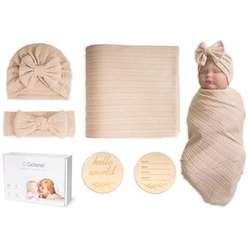 Baby Swaddle Set Newborn - Receiving Headband Blankets and Bow Hat,Newborn Essentials, Soft Nursery Swaddling Blankets，Stretchy Baby Blankets for Girls and Boys Unisex(Light Brown)