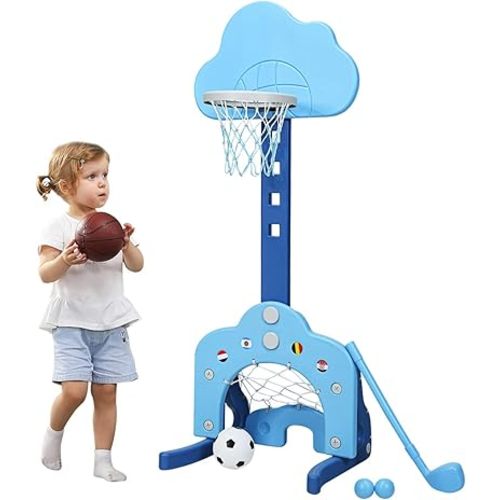 Costzon Kids Basketball Hoop, Toddler Sports Activity Center w/ 5 Adjustable Height Levels, Basketball Soccer Golf Game Set, Indoor Outdoor Basketball Hoop Set Gift for Baby Infant