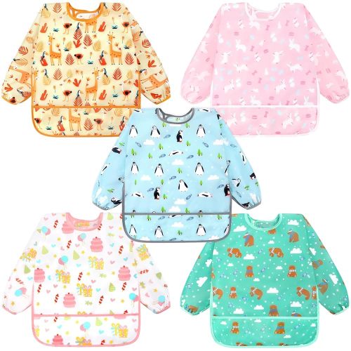Accmor 5 Pack Long Sleeve Bibs, Baby Smock Waterproof Sleeved Bib Smock for Baby Toddler 6-36 Months