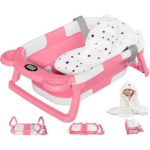 MoreFeel Collapsible Baby Bathtub for Newborn with Thermometer & 1 Hooded Towel & 1 Soft Floating Cushion,Portable Travel Bathtub with Drain Hole, Durable Foldable Baby Tubs for Infants to Toddler