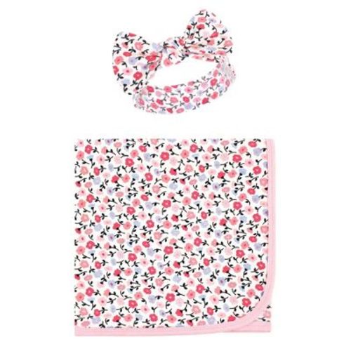 Touched By Nature Baby Girl Organic Cotton Swaddle Blanket And Headband Or Cap, Ditsy Floral, One Size