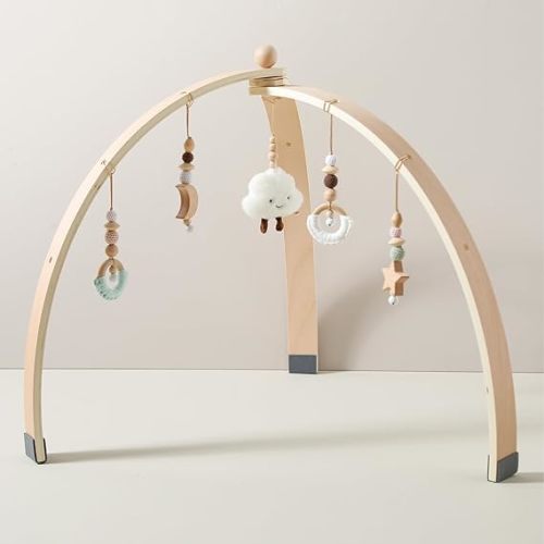 Wooden Baby Gym with 5 Wooden Baby Toys Collapsible Baby Games Gym Frame Activity Newborn Baby Gift Baby Girl and Baby Boy, Mats 6