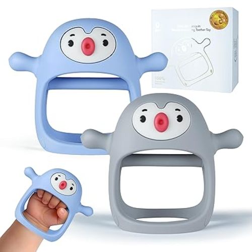 Smily Mia 2pack Penguin Teether for Babies 0-6Month, Infant Teething Toys,Pacifiers for Breastfed Babies, Silicone Teething Mittens for 3-6Months, Perfect Shower Gift+Baby Registry, Pink&Purple