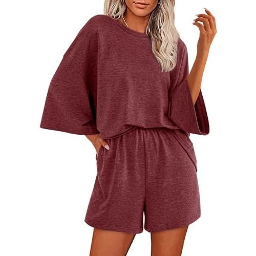 BTFBM Women Summer 2 Piece Outfits 2025 Matching Set Casual 3/4 Sleeve Tops Elastic Waist Shorts Lounge Sets With Pocket