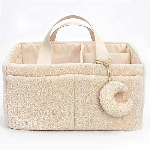 Orelle Sherpa Diaper Caddy Organizer with Matching Pouch | Portable Changing Table Organizer | Teddy Diaper Caddy | Baby Shower Gifts | Baby Organizers and Storage | Boucle Baby Basket | Cream