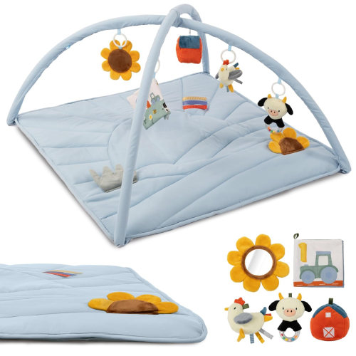 Beautiful Baby Play Gym and Tummy Time Mat - Soft Mat with 5 Farm Toys Creates t