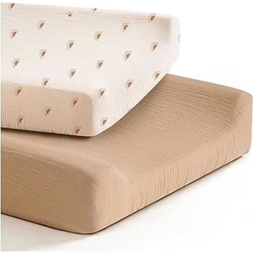 Konssy 2 Pack Muslin Changing Pad Cover for Baby Girls Boys 100% Cotton Fitted Diaper Changing Table Cover Set, Soft Changing Pad Sheets (Camel, Sun)