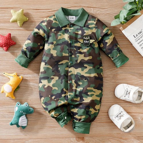 Camouflage Collared Jumpsuit For Baby Boys, Suitable For Fall & Winter Outdoors