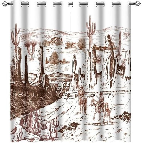 Western Cowboy Blackout Curtains for Bedroom,Rustic American Wild West Cactus Cowboy Riding Horse Grommet Thermal Insulated Room Darkening Window Treatments 2 Panels 63L x 27.5W