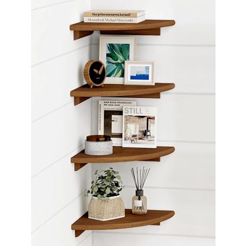 Forbena Walnut Brown Floating Corner Shelves for Wall 4-Pack, Small Corner Wall Shelves for Kids Room, Cute Wooden Hanging Corner Shelf for Bedroom Bathroom Decor, Living Room, Small Spaces