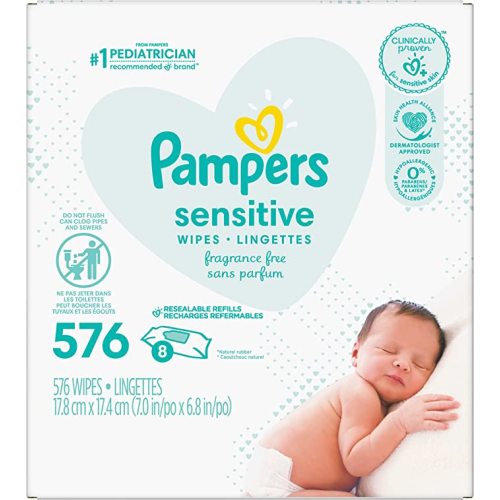 Pampers Baby Wipes Sensitive Perfume Free 8X Refill Packs 576 Count - Unscented - 576 Count(Pack of 1)