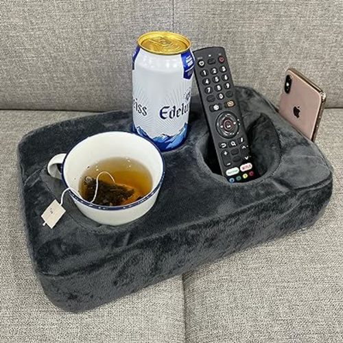 Couch Cup Holder Pillow, Couch Drinks Remotes Holder for Center of Couch, for Sofa, Bed, RV, Car (Gray)
