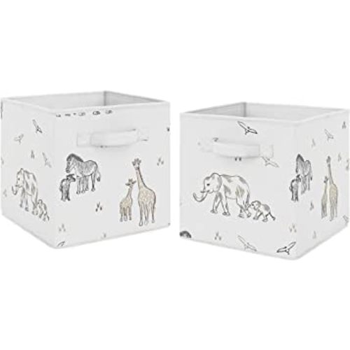Sweet Jojo Designs Jungle Safari Animals Foldable Fabric Storage Cube Bins Boxes Organizer Toys Baby Taupe Black and White Gender Neutral Elephant Giraffe Wildlife Adventure Zebra Serengeti - Set of 2