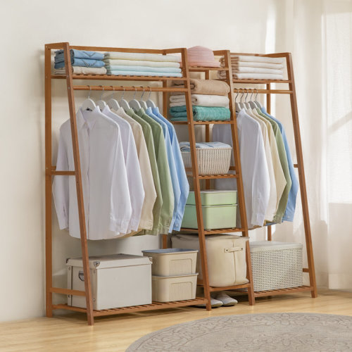 Latitude Run® 5-Tier Trapezoid Coat Rack, Open Closet Wardrobe with Hanging Rod, Bamboo Clothing Organizer Stand & Reviews | Wayfair