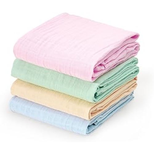 david's kids 4 Pack Baby Muslin Swaddle Blankets, 100% Cotton Swaddling Blankets Wrap for Boys Girls, Ultra Soft Breathable Receiving Blanket, New Born Essentials, Green&Pink&Blue&Beige