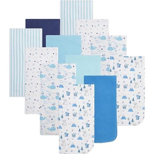 EVERYDAY KIDS 12 Pack Burp Cloths for Baby Boy; Newborn Essential with - Large Absorbent Cotton Flannel Blue Burping Cloths for Babies with Woodlands, Celestial and Whales Prints and Solids