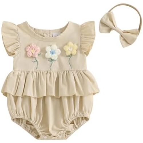 Baby Girls Rompers Duck Embroidery Ruffles Round Neck Fly Sleeve Infant Bodysuits Jumpsuits