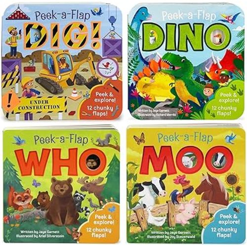 Peek a Boo Dig! Fun Children's Interactive Lift a Flap 4 Board Book Collection Set (Moo, Dig!, Who & Dino)