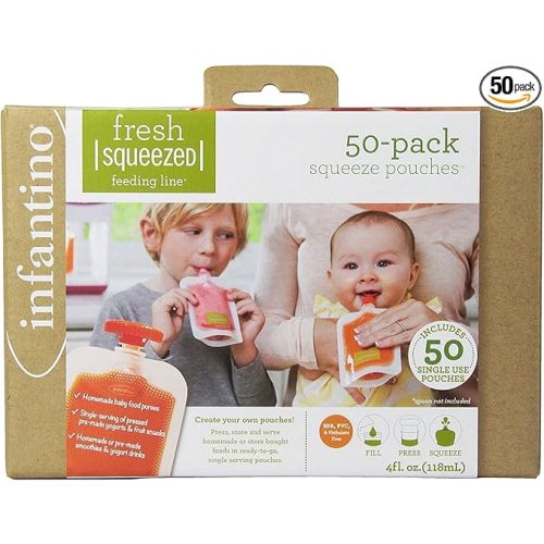 Infantino Disposable Squeeze Pouches, Baby Food Pouches for Portable Homemade Semi-Solid Food for Babies and Toddlers, BPA and PVC free, Freezer Safe, 50-Pack