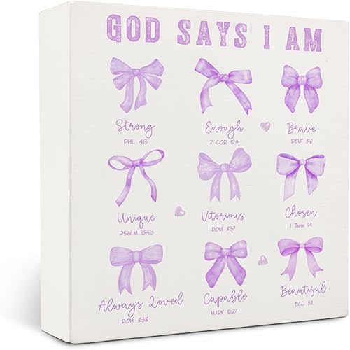 Coquette Purple Bow Christian Bathroom Wooden Signs,Coquette Room Decor,Purple God Says I Am Wooden Box Sign,Preppy Bow Bible Verse Decor For Girls Room Desk Shelf Tabletop 5x5 Inches