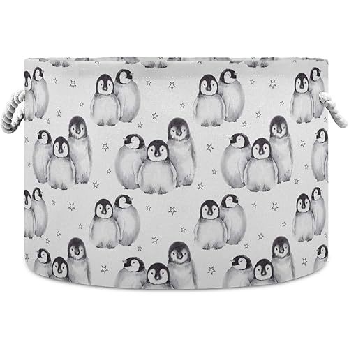 ALAZA Penguin Storage Basket Penguin Basket Large Penguin Storage Basket Round Clothes Hamper Bin Canvas Organizer Box Cotton Rope Collapsible Bucket