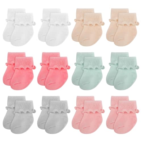 Toulite 12 Pairs Preemie Socks Girls and Boys Premature Ruffle Turn Cuff Cotton Socks Hospital Nicu