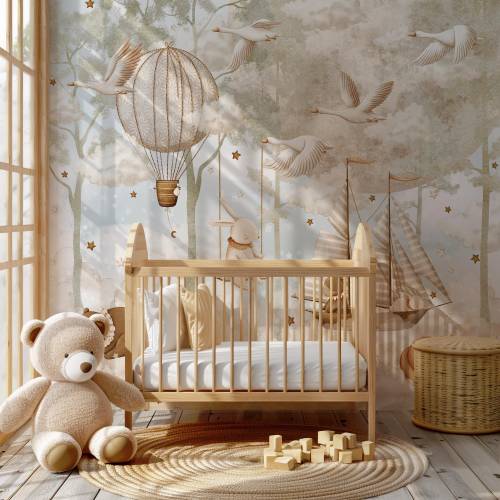 Hot Air Balloon Nursery Wallpaper Flying Swan Wall Mural Forest Wallpaper Peel And Stick Moon And Clouds Wall Art