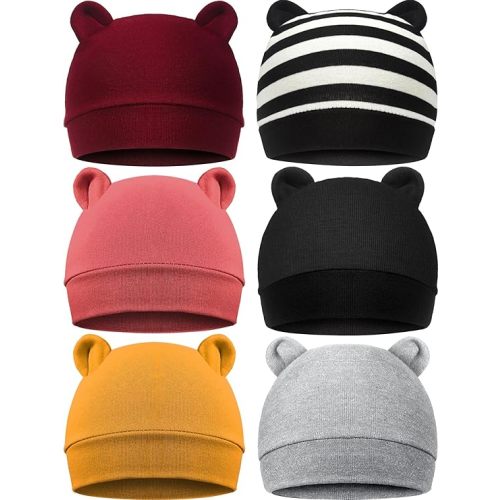 6 Pieces Newborn Baby Hat Bear Ears Infant Caps Baby Boy Girl Toddler Hats Infant Beanie Caps for 0-3 Months - Medium - Black White, Black, Grey, Wine Red, Yellow, Vermilion