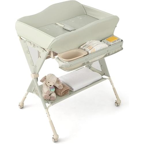 BABY JOY Portable Baby Changing Table, Foldable Diaper Changing Station w/Wheels, Adjustable Height, Large Storage Rack, Water Basin, Safety Belt, Mobile Nursery Organizer for Newborn Infant (Green)