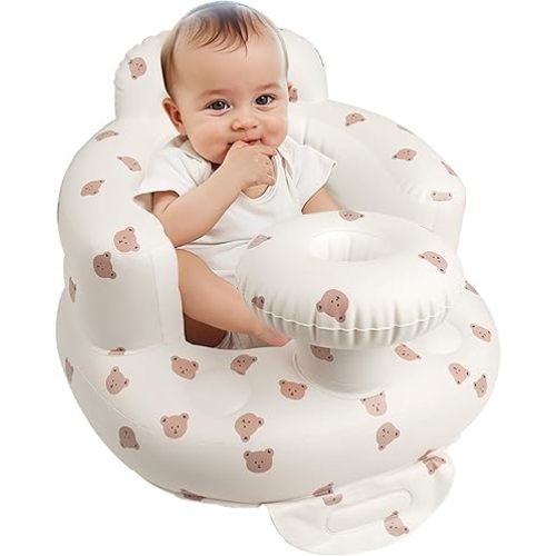 Inflatable Baby Chair with Tray for Babies 3 Months & Up, Blow Up Baby Seat with Built in Air Pump, Sit Me Up Floor Baby Seats for Infants for Sitting Up - Bear Head with Tray