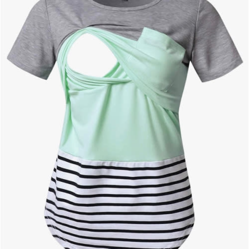Bhome Nursing Tshirt Color Block Maternity Short Sleeve Top for Breastfeeding Pregnancy Shirt with Pocket