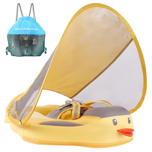 Mambobaby Float Add Tail Baby Swim Float with Canopy, Non-Inflatable Solid Baby Float, Upgrade Soft Waterproof Skin-Friendly Leather Material Infant Swim Float (Special Edition Yellow)