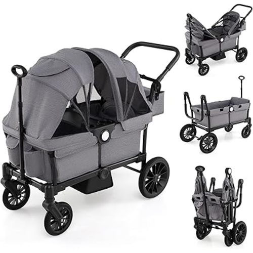 HONEY JOY Wagon Stroller for 2 Kids, 2 Seater Toddler Quad Stroller Wagon, Adjustable Push/Pull Handle Bar, Drop-Down Footwell & Upholstered Seats, Collapsible Kids Wagon with Canopy(Gray)