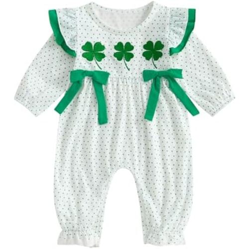 Baby Girl St Patricks Day Outfit Ruffle Long Sleeve Clover Embroidery Polka Dots Romper Jumpsuit One Piece Outfit
