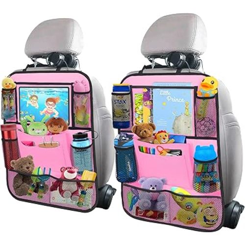 Car Backseat Organizer with 11" Table Holder, 10 Storage Pockets Seat Back Protectors Kick Mats for Kids Toddlers, Travel Accessories, 2 Pack, Pink