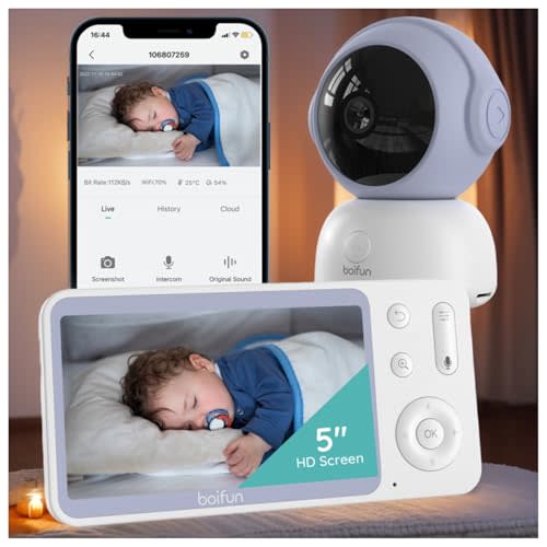 BOIFUN 2K Video Baby Monitor with Camera & WiFi, 360° Auto Tracking, 5" Screen, AI Motion & Cry Detection, Night Vision, Long Battery Life – Ideal for Busy Parents, Monitor via Smartphone App & Screen