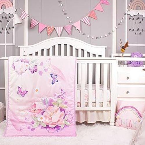 La Premura Baby Crib Bedding Set for Girls, Watercolor purple Butterfly 3 Piece Standard Size Crib Set for Baby Girl, Cunas para Bebes, Floral Crib Bedding Set, Pastel Pink, Yellow and Purple