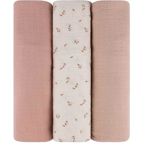 Ely's & Co. Muslin Swaddle Blankets 3-Pack for Baby Girl, 100% Cotton Muslin Extra Large Swaddle Receiving Blankets, 47”x47” (Pink-Cream Floral)