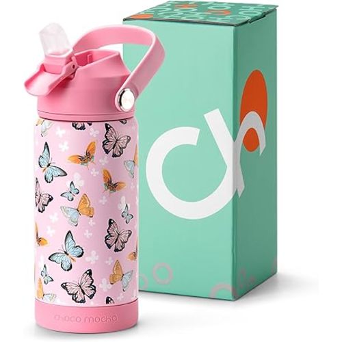 Choco Mocha Kids Water Bottle For School, Girls Insulated Water Bottle Stainless Steel,14 Oz Pink Butterfly