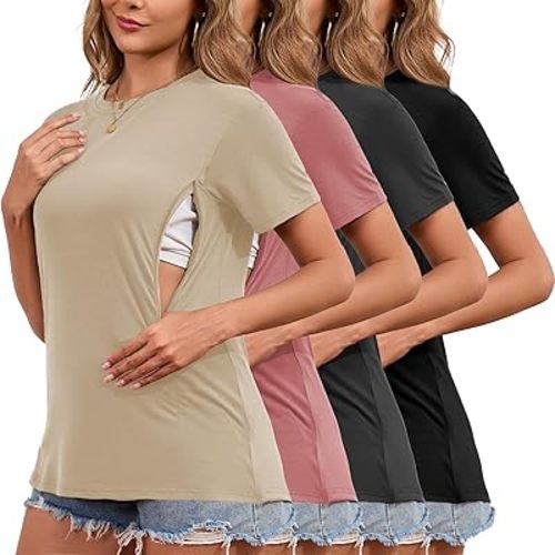 Ecavus Women's 3-Pack Nursing Shirts for Breastfeeding with Hidden Zippers Loose Fit Maternity Tops