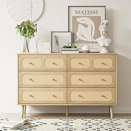 Rattan 6 Drawer Dresser for Bedroom, Wood Boho Double Chest of Drawers with Storage and Gold Handle, Modern Natural Rattan Dresser for Living Room, Hallway, Entryway
