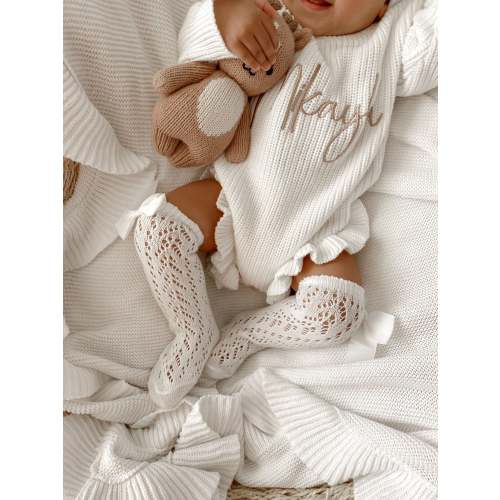 SPANISH OPENWORK LACE KNEE HIGH BOW SOCKS V2 - WHITE – Petite + Co