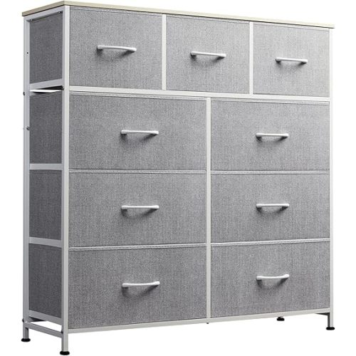 WLIVE 9-Drawer Dresser, Fabric Storage Tower for Bedroom, Hallway, Entryway, Closet, Tall Chest Organizer Unit with Fabric Bins, Steel Frame, Wood Top, Easy Pull Handle, Light Grey