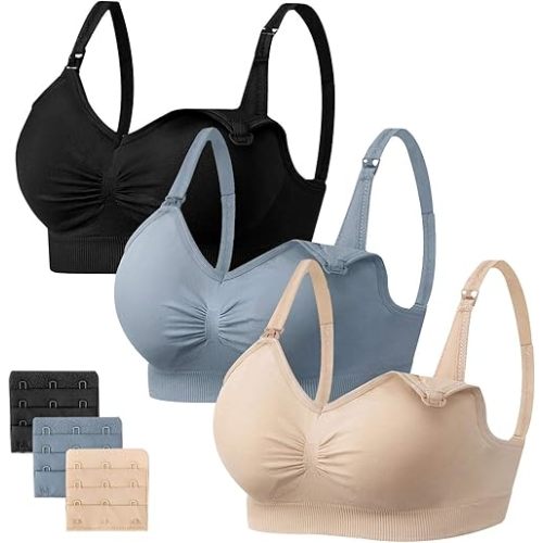 Angelhood Womens Seamless Sleep Nursing Bra,Breastfeeding Maternity Bra with Remove Bra Pads Extenders Pack of 3