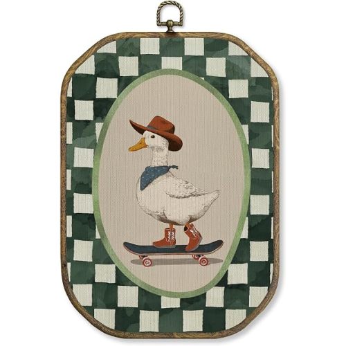 WUHSDIBC Western Cowboy Goose Octagon Wall Art Decor, Goose Nursery Framed Canvas Art Prints, Cowboy Farm Animal Green Checkered Wall Hanging Decor for Kids Boys Room Bedroom Playroom, 10.2x7 Inches