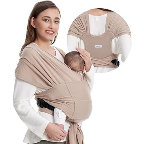 Momcozy Baby Wrap Carrier Skin-Friendly Fabric, Easy to Wear Baby Sling T-Shirt Design, Hands Free Baby Carriers Newborn to Toddler 8-35lbs, Adjustable Buckle Suit for Waist 27-47inch, Light Curry