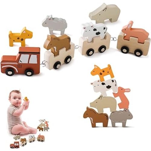 Wooden Train Set Toddler Toys for 3-5 Year Montessori Animal Figurines Train Toy Set Preschool Learning Activities Toys for Kids, Birthday Gift for Toddlers & Kids Aged 3+ (10 PCS)