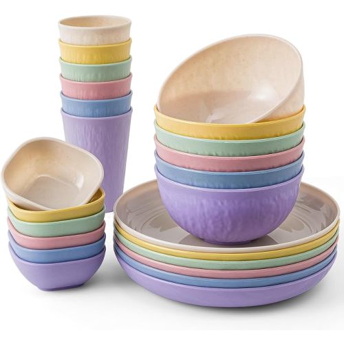 24-Piece Wheat Straw Dinnerware Set, Large Round Plates, Bowls and Cups, Unbreakable dish set, Dishwasher and Microwave Safe, Outdoor Camping Dishes