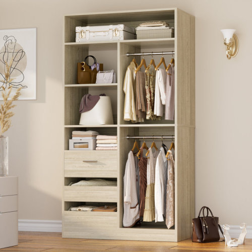 Ebern Designs 36" Closet System With 3 Drawers And 2 Rods, Shoes Storage With Hutches | Wayfair